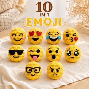 May include: A set of ten yellow crocheted spheres featuring various embroidered emoji facial expressions, including smiling, heart eyes, laughing, winking, and angry faces, with the text 10 IN 1 EMOJI displayed prominently above the collection.