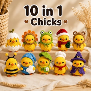 May include: A collection of ten small, yellow, crocheted chick figures, each wearing a different costume including an eggshell, sunflower, frog hood, Santa hat, bear ears, bee outfit, nightcap, leaf hat, chef hat, and a purple witch hat.