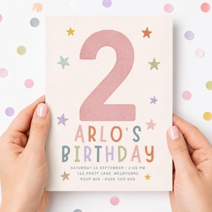 May include: A rectangular birthday invitation card featuring a large dusty pink number 2, the text ARLO'S BIRTHDAY, and event details including Saturday 12 September, 2:00 PM, 123 Party Lane, Melbourne, and RSVP Mia 0400 000 000, accented by small stars.