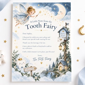 May include: A printed note from the Tooth Fairy featuring a watercolor illustration of a fairy, a crescent moon, a mailbox labeled Fairy Post, and a small house. The text reads A Little Note from the Tooth Fairy, Dear Sophia, and includes a message.