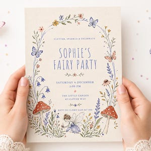 Fairy Birthday Invitation, Enchanted Garden Girls Party Invite, Editable 5x7 Canva Template