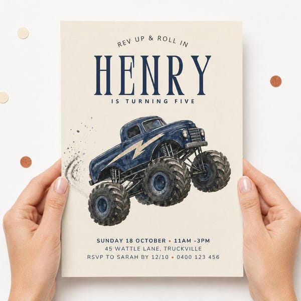 Invito di compleanno a tema monster truck, modificabile, stampabile e digitale su Canva.