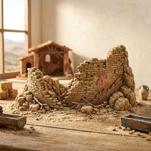 Op de afbeelding: Een miniatuur diorama-stuk dat een verweerde, afbrokkelende bakstenen muur met rotsachtige texturen en een vervaagde rode muurschildering voorstelt. De structuur bevat blootgestelde houten balken, verspreid puin en een zanderige basis.