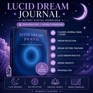 Può includere: Un diario digitale dei sogni lucidi con copertina blu scuro e centro luminoso. Il testo recita Lucid Dream Journal, A Guided Journal for Lucid Dreaming. Include 5 pagine guidate, riflessione sui sogni, tracciamento dei pattern, pratica dei sogni lucidi, approfondimenti e PDF stampabile. Icone per sogni lucidi, autoriflessione, crescita personale e diario.