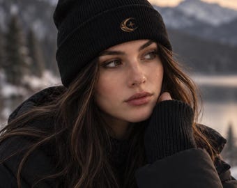 Gorro preto bordado com lua, gorro dourado com estrela crescente botânica, gorro celestial com punho dobrável.