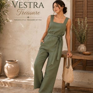 Mono Verde Salvia de Algodón y Lino para Mujer | Mono de Cuello Cuadrado con Cinturón | Women's Cotton Linen Jumpsuit
