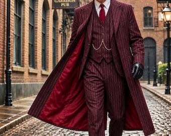 Traje de hombre de 4 piezas a rayas burdeos / Estilo vintage de los años 20 / Abrigo largo / Traje de boda estilo Peaky Blinders / Atuendo de la vieja aristocracia