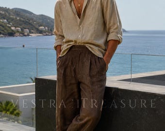 Brown Linen Pants Men, Wide Leg Linen Trousers, Relaxed Fit Mens Pants, High Waist Linen Pants, Casual Summer Trousers, Custom