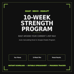 Könnte beinhalten: Eine schwarze digitale Grafik mit weißem Text: 10-WEEK STRENGTH PROGRAM, SQUAT BENCH DEADLIFT, BUILT AROUND YOUR CURRENT 1-REP MAX, Auto-Calculating Excel & Google Sheets Program, Your Maxes, 10-Week Plan, Retest Results, INSTANT DOWNLOAD, EDITABLE SPREADSHEET, PROGRESS TRACKER.