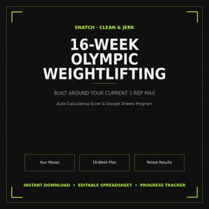 16 Week Olympic Weightlifting Program Excel Spreadsheet Snatch Clean Jerk 1RM Percentage Based Training Plan Digital Download