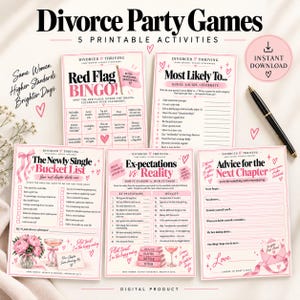 Peut inclure: Un ensemble de cinq fiches de jeux imprimables pour fête de divorce avec du texte et des graphismes roses et noirs. Les titres incluent Red Flag Bingo, Most Likely To, The Newly Single Bucket List, Ex-pectations vs. Reality et Advice for the Next Chapter.