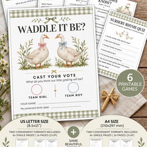 Peut inclure: Un ensemble de six jeux de fête prénatale imprimables avec une bordure vichy verte et des illustrations d'oies à l'aquarelle. La carte principale affiche le texte WADDLE IT BE? avec deux oies portant des nœuds rose et bleu, et une section de vote pour Team Girl ou Team Boy. Inclut les détails du format A4 210x297 mm.