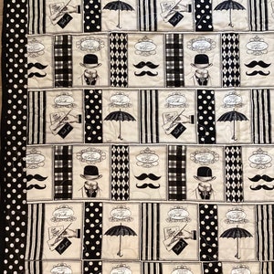 Gentleman Quilt, Quilted Blanket with Mustaches, Tailored Suits & Top Hats, Unique Black and White Men&#39;s Quilt