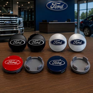 May include: A collection of circular Ford wheel center caps in various colors including black, white, red, and blue. Each cap features the silver Ford script logo. Some caps are shown from the front, while others show the gray plastic backing.