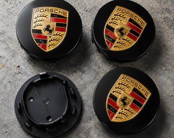 Porsche Style Wheel Center Caps Set of 4 | Black Silver Gold Emblem 65mm 76mm