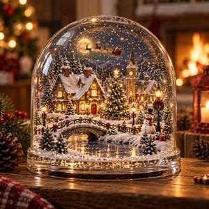 Snow Globe, Christmas Village Scene with Acrylic Frame and Falling