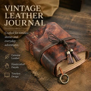 May include: A brown leather journal with a textured finish, featuring a wrap-around leather cord closure tied in a bow with two decorative tassels. The journal has visible stitched edges, a metal ring attached to the bottom, and cream-colored pages.