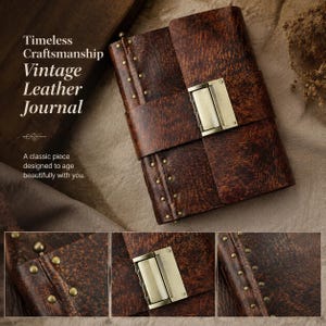 May include: A dark brown leather journal featuring a textured surface, a wide horizontal strap, and a rectangular brass-toned metal latch. The cover is accented with small brass-toned studs along the spine and strap edges, with text reading Timeless Craftsmanship Vintage Leather Journal.