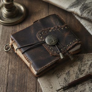 May include: A dark brown leather journal with a distressed finish, featuring a wrap-around cord closure secured by a circular bronze-toned button embossed with a tree design. The cover has frayed edges, visible stitching, and a small metal ring on the side.