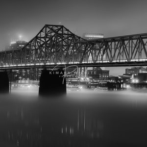 Ohio River Front, Jeffersonville Indiana, Second St Bridge, Fog, Black and White Photography, Louisville Skyline, Night Photography