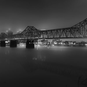 Ohio River Front, Jeffersonville Indiana, Second St Bridge, Fog, Black and White Photography, Louisville Skyline, Night Photography
