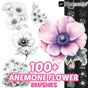 May include: A digital collection of 100+ anemone flower brushes for Procreate, featuring various black and white line art illustrations of anemone flowers and a single large, detailed, watercolor-style pink anemone flower with green leaves.