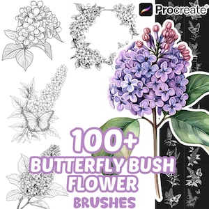 May include: A digital collection of 100+ butterfly bush flower brushes for Procreate, featuring various black and white line art illustrations of lilac blossoms, floral wreaths, and butterflies, alongside one full-color purple lilac stem.