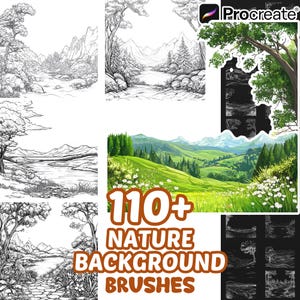 Op de afbeelding: Een digitale collectie van 110+ natuur-achtergrondpenselen voor Procreate, met diverse zwart-wit lijntekeningen van landschappen met bergen, bossen en rivieren, naast een full-colour voorbeeld van een weelderige groene weide.