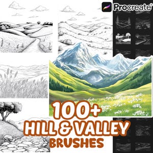 Op de afbeelding: Een digitale collectie van 100+ heuvel- en valleipenselen voor Procreate, met diverse zwart-wit lijntekeningen van landschappen met glooiende heuvels, bergketens, grasvelden en stenen paden, naast een ingekleurde bergscène.