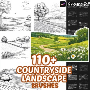May include: A digital collection of 110+ countryside landscape brushes for Procreate, featuring various black and white line art sketches of rolling hills, trees, and farmhouses, alongside a full-color illustration of a meadow with daisies.