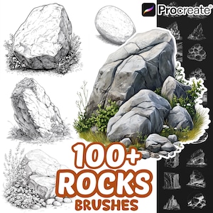 Op de afbeelding: Een digitale kunstset met meer dan 100 rotsborstels voor Procreate, met diverse rotsformaties in zwart-wit lijntekeningen en kleurrijke illustraties met groen gras en kleine planten, voorzien van de tekst 100+ ROCKS BRUSHES.
