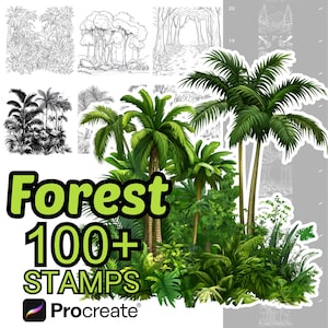 May include: A digital collection of over 100 forest-themed stamps for Procreate, featuring various black and white line art illustrations of trees, foliage, and landscapes alongside a vibrant, full-color graphic of tropical palm trees and plants.