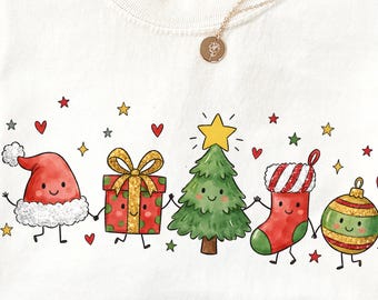 Christmas Glitter PNG | Holiday Doodle Crew | Cute Santa Hat Gift Tree Stocking Ornament PNG | Festive Sublimation | Christmas Shirt Design