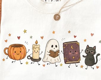 Spooky Book Club PNG, Halloween Doodle Characters, Cute Reading Ghost Pumpkin Mug Book Black Cat, Bookish Sublimation, Reader Shirt Design
