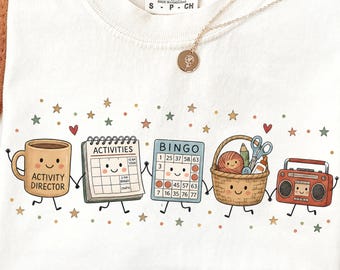 Activity Director PNG, Senior Living Doodle Characters, Cute Bingo Crafts Calendar Icons, Life Enrichment Sublimation, Staff Shirt Design