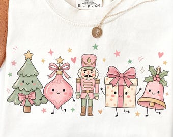 Coquette Christmas Doodles PNG, Cute Pink Bow Holiday Characters, Nutcracker Ornament Gift Bell PNG, Girly Pastel Christmas Sublimation Png