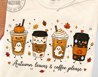 Autumn Leaves and Coffee Doodles PNG, Pumpkin Spice Sublimation, Cute Spooky Coffee Characters Png