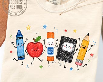 Back to School Doodles PNG, Cute School Characters PNG, Teacher Shirt Design, Crayon Apple Pencil Notebook Graphic, School Clipart
