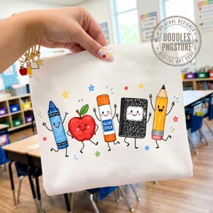 May include: A white fabric pouch featuring a colorful graphic of a blue crayon, a red apple, an orange glue stick, a black composition notebook, and a yellow pencil, all with smiling faces and arms, surrounded by small multi-colored stars.