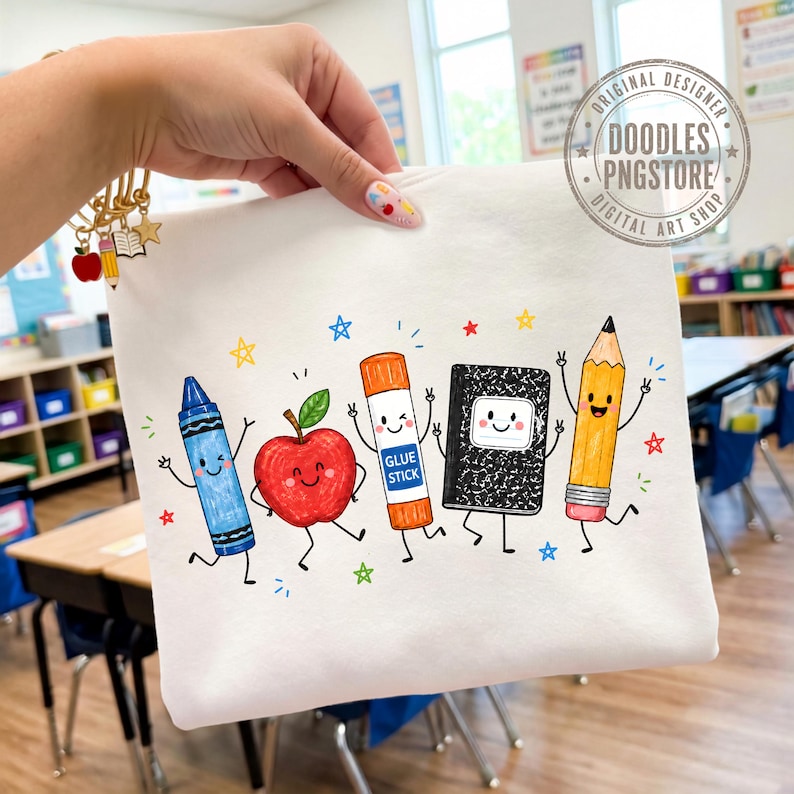 May include: A white fabric pouch featuring a colorful graphic of a blue crayon, a red apple, an orange glue stick, a black composition notebook, and a yellow pencil, all with smiling faces and arms, surrounded by small multi-colored stars.