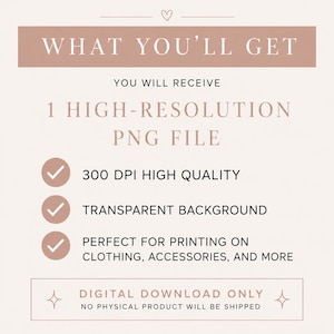 Puede incluir: Un gr&aacute;fico digital con el texto WHAT YOU'LL GET, YOU WILL RECEIVE 1 HIGH-RESOLUTION PNG FILE, 300 DPI HIGH QUALITY, TRANSPARENT BACKGROUND, PERFECT FOR PRINTING ON CLOTHING, ACCESSORIES, AND MORE, DIGITAL DOWNLOAD ONLY, NO PHYSICAL PRODUCT.