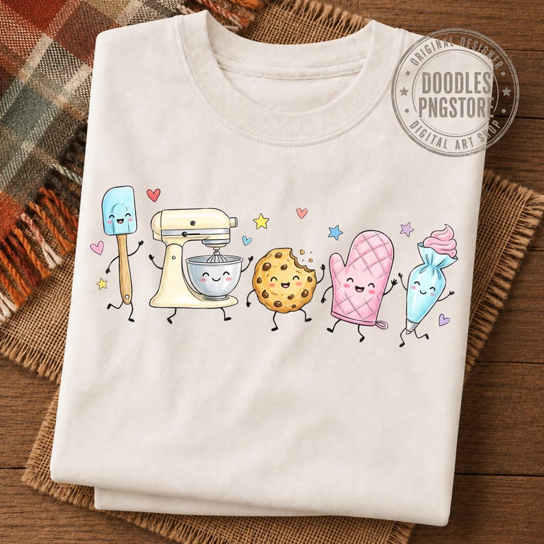 May include: A cream-colored t-shirt featuring a graphic print of anthropomorphic baking items including a spatula, a stand mixer, a chocolate chip cookie, an oven mitt, and a piping bag, all decorated with small colorful stars and hearts.