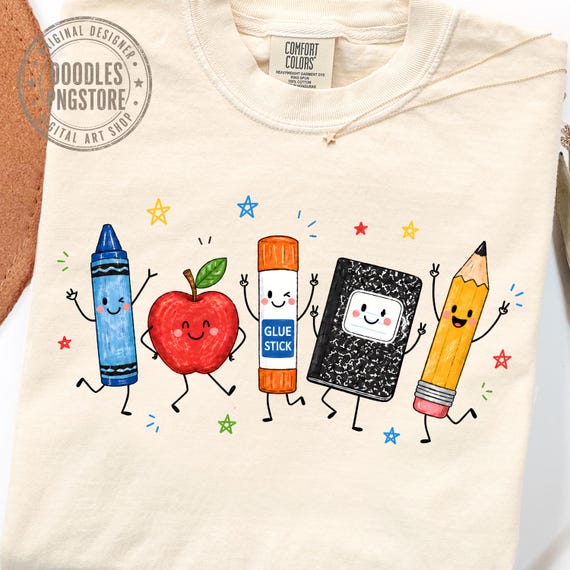Back to School Doodles PNG, Cute School Characters PNG, Teacher Shirt Design, Crayon Apple Pencil Notebook Graphic, School Clipart