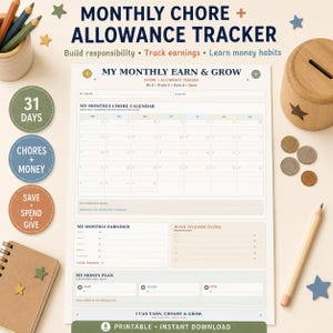 May include: A monthly chore and allowance tracker printable sheet featuring a calendar grid, sections for monthly earnings, extra tasks, and a money plan with save, spend, and give categories. The document includes text headers and fields for names.
