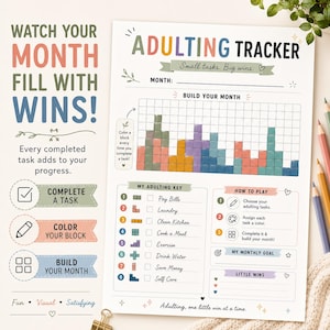 Puede incluir: Un rastreador de tareas para adultos en papel blanco con texto colorido y una cuadrícula. La hoja incluye secciones para una meta mensual, una clave para tareas como pagar facturas y lavar ropa, y las instrucciones para completar el mes.