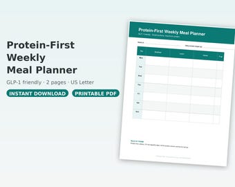 Planificador semanal de comidas GLP-3 / Dieta con prioridad en proteínas y seguimiento de la pérdida de peso / Preparación de comidas con semaglutida y tirzepatida en PDF / Tamaño carta estadounidense + A4