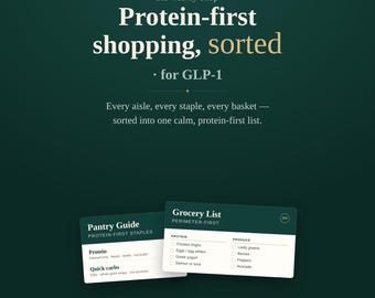 Lista de compras imprimible con GLP-1 / Lista de compras con prioridad en perímetro y proteínas + Guía de despensa / PDF sobre pérdida de peso con semaglutida y tirzepatida