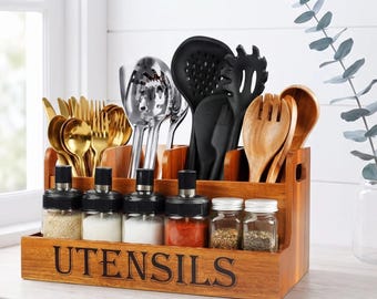 Wood Utensil Caddy Organizer | Acacia Wood Kitchen Caddy with Handles | Rustic Farmhouse Cutlery & Spice Storage Holder for Countertop