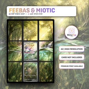 Puede incluir: Una impresión de alta resolución A3 que muestra cartas coleccionables de Feebas y Milotic en una cuadrícula sobre un fondo de bosque y agua. El texto dice FEEBAS & MIOTIC, SSP #198 & #237, sv8 #110 & #131, ShinyPop TCG, A3 | HIGH RESOLUTION, CARD NOT INCLUDED, PREMIUM PRINT AVAILABLE.