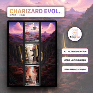 May include: A vertical poster featuring three stacked trading cards depicting the Charizard evolution line. The top card shows Charizard, the middle Charmeleon, and the bottom Charmander, all set against a sunset canyon landscape. Text includes CHARIZARD EVOL., MEW, sv2a, A3 | HIGH RESOLUTION, CARD NOT INCLUDED, and PREMIUM PRINT AVAILABLE.